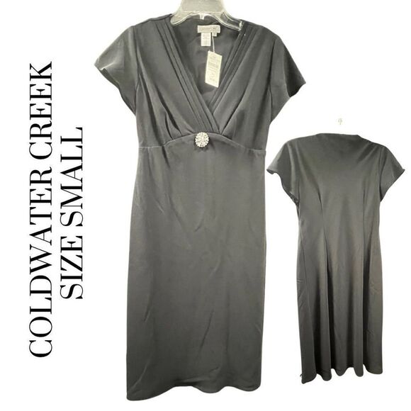 NWT Coldwater Creek LBD Chiffon Black Dress Rhinestone Diamond Brooch 6 Petite - Picture 4 of 14